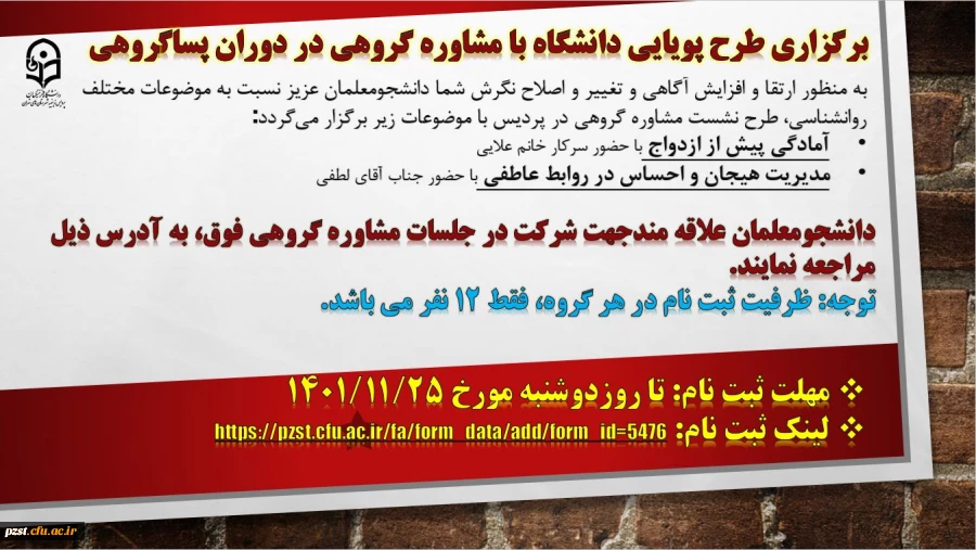 برگزاری طرح پویایی دانشگاه با مشاوره گروهی در دوران پساگروهی
